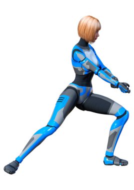 Beyaz arka planda izole edilmiş bir kadın robotun 3 boyutlu canlandırması