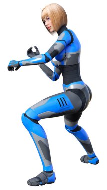 Beyaz arka planda izole edilmiş bir kadın robotun 3 boyutlu canlandırması