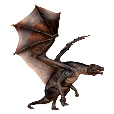 Beyaz arka planda izole edilmiş bir fantezi ejderhanın 3 boyutlu canlandırması