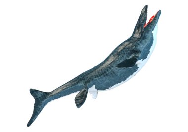 Soyu tükenmiş büyük bir deniz sürüngeni olan Mosasaur 'un üç boyutlu görüntüsü beyaz arka planda izole edildi.