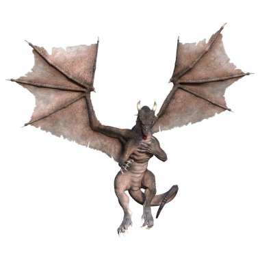 Beyaz arka planda izole edilmiş bir fantezi ejderhanın 3 boyutlu canlandırması