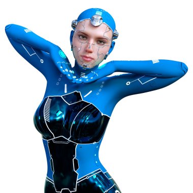 Beyaz arka planda izole edilmiş bir kadın robotun 3 boyutlu canlandırması