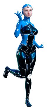 Beyaz arka planda izole edilmiş bir kadın robotun 3 boyutlu canlandırması