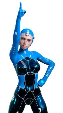 Beyaz arka planda izole edilmiş bir kadın robotun 3 boyutlu canlandırması