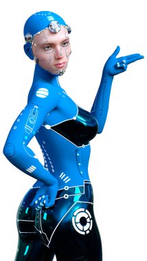 Beyaz arka planda izole edilmiş bir kadın robotun 3 boyutlu canlandırması