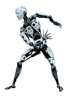 Beyaz arkaplanda izole edilmiş bir erkek robotun 3B görüntülemesi