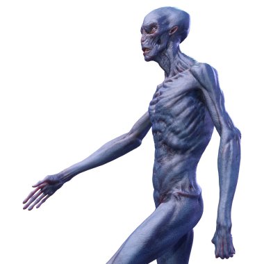 Beyaz arka planda izole edilmiş mavi erkek bir uzaylının 3 boyutlu görüntüsü