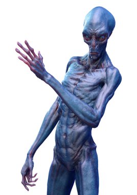 Beyaz arka planda izole edilmiş mavi erkek bir uzaylının 3 boyutlu görüntüsü