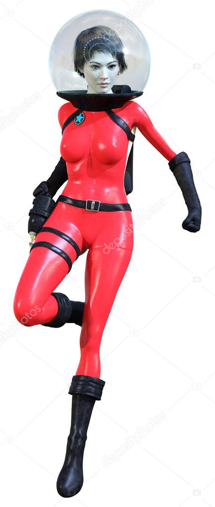 3D rendering of a sceince fiction astronaut woman in a red retro space suit with a raygun  isolated on white background