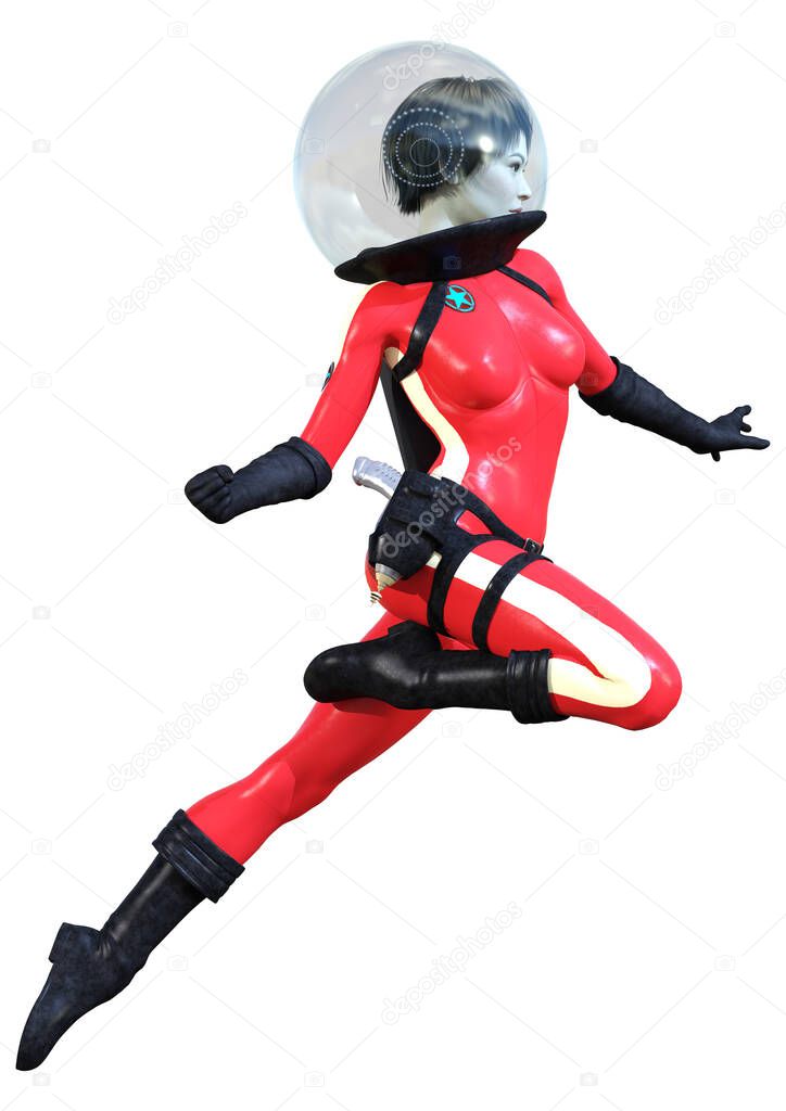 3D rendering of a sceince fiction astronaut woman in a red retro space suit with a raygun  isolated on white background