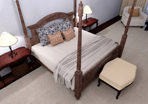 三维动画画中的睡房内部 — 图库照片