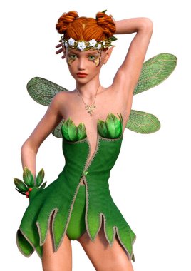 Beyaz arkaplanda izole edilmiş bir bahar perisinin 3 boyutlu canlandırması