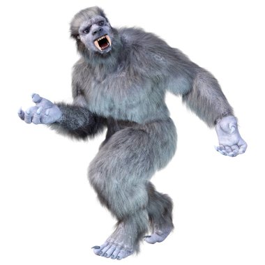 Bir kar canavarı ya da beyaz arka planda izole edilmiş bir Koca Ayak 'ın 3 boyutlu görüntüsü