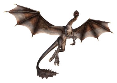 Beyaz arka planda izole edilmiş bir fantezi ejderhanın 3 boyutlu canlandırması