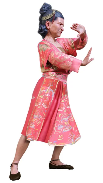 Rendering Asian Senior Woman Red Traditional Dress Isolated White Background — Stock Photo, Image