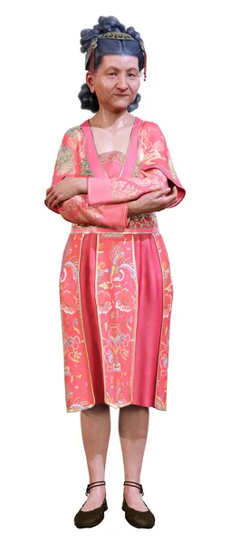 Renderowanie Azjatyckiej Seniorki Tradycyjnej Czerwonej Sukience Odizolowanej Białym Tle — Zdjęcie stockowe