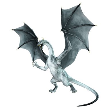 Beyaz arka planda izole edilmiş bir fantezi ejderhanın 3 boyutlu canlandırması