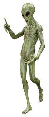 Beyaz arka planda izole edilmiş yeşil bir uzaylının 3 boyutlu görüntüsü