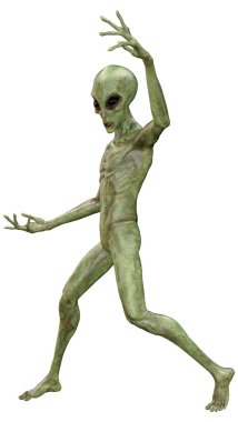 Beyaz arka planda izole edilmiş yeşil bir uzaylının 3 boyutlu görüntüsü