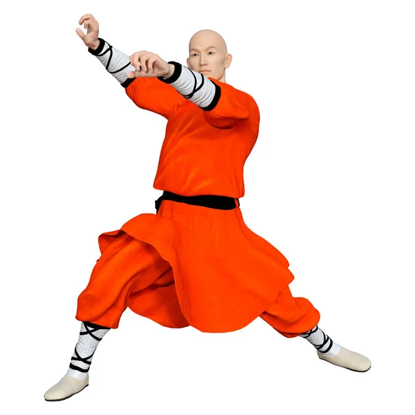 Weergave Van Een Shaolin Monnik Oefening Geïsoleerd Witte Achtergrond — Stockfoto