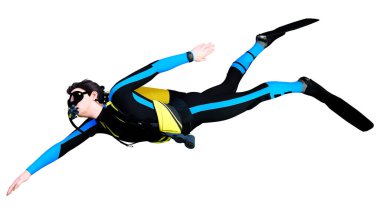 Beyaz arka planda izole edilmiş genç bir erkek dalgıcın 3D görüntüsü