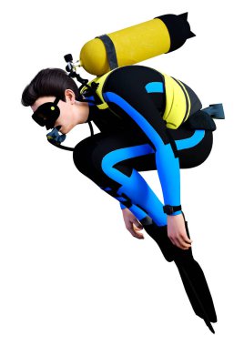 Beyaz arka planda izole edilmiş genç bir erkek dalgıcın 3D görüntüsü