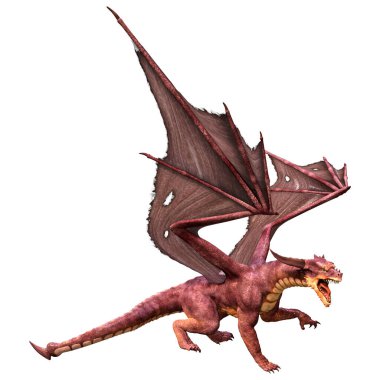 Beyaz arka planda izole edilmiş bir fantezi ejderhanın 3 boyutlu canlandırması