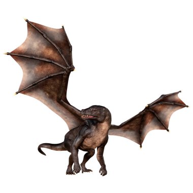 Beyaz arka planda izole edilmiş bir fantezi ejderhanın 3 boyutlu canlandırması