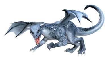 Beyaz arka planda izole edilmiş bir fantezi ejderhanın 3 boyutlu canlandırması