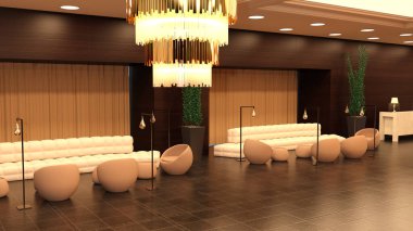 Modern otel lobisinin 3 boyutlu görüntüsü.