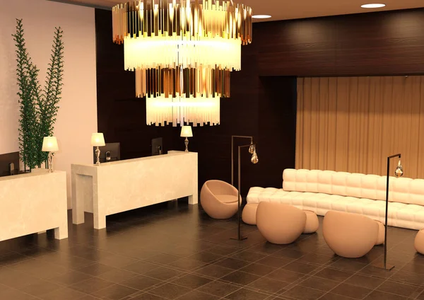 現代的なホテルロビーのインテリアの3Dレンダリング — ストック写真