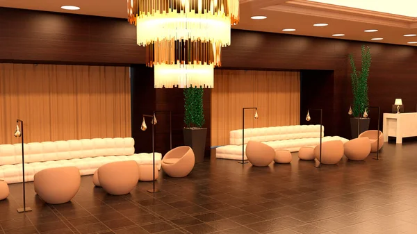 現代的なホテルロビーのインテリアの3Dレンダリング — ストック写真