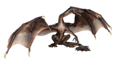 Beyaz arka planda izole edilmiş bir fantezi ejderhanın 3 boyutlu canlandırması