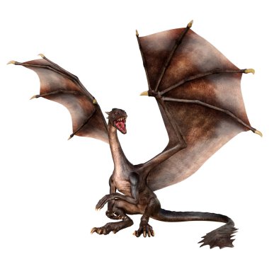 Beyaz arka planda izole edilmiş bir fantezi ejderhanın 3 boyutlu canlandırması