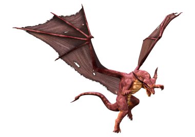 Beyaz arka planda izole edilmiş bir fantezi ejderhanın 3 boyutlu canlandırması