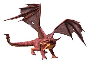 Beyaz arka planda izole edilmiş bir fantezi ejderhanın 3 boyutlu canlandırması