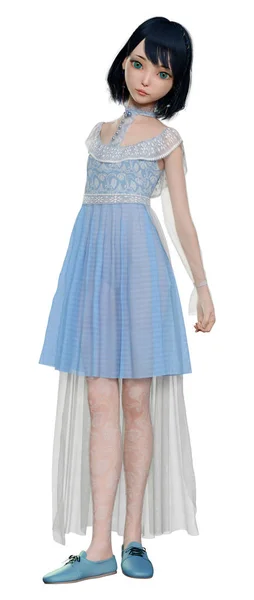 3D渲染一个穿着蓝色复古服装的漂亮洋娃娃 与白色背景隔离 — 图库照片