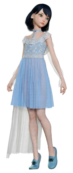 Απόδοση Μιας Όμορφης Κούκλας Ένα Μπλε Vintage Φόρεμα Που Απομονώνεται — Φωτογραφία Αρχείου