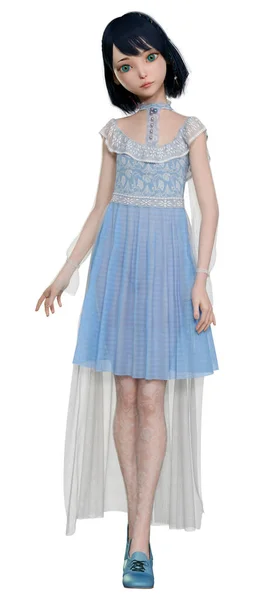 Απόδοση Μιας Όμορφης Κούκλας Ένα Μπλε Vintage Φόρεμα Που Απομονώνεται — Φωτογραφία Αρχείου