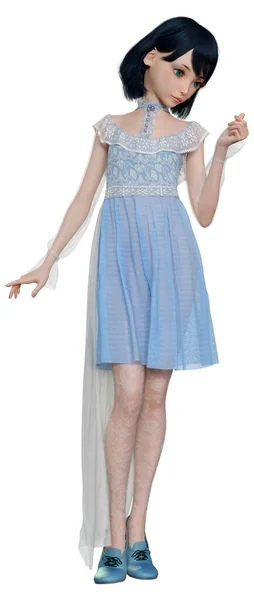 白い背景に隔離された青のヴィンテージドレスでかわいい人形の3Dレンダリング — ストック写真