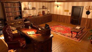 Eski bir ofis içinin 3 boyutlu canlandırması