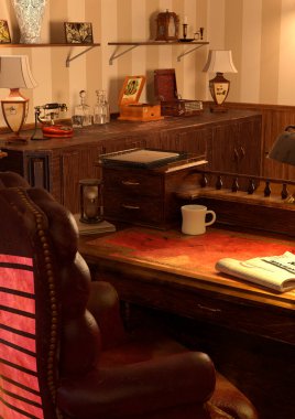 Eski bir ofis içinin 3 boyutlu canlandırması