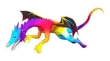 Beyaz arka planda izole edilmiş bir fantezi ejderhanın 3 boyutlu canlandırması