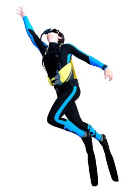 Beyaz arka planda izole edilmiş genç bir erkek dalgıcın 3D görüntüsü