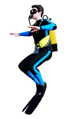 Beyaz arka planda izole edilmiş genç bir erkek dalgıcın 3D görüntüsü