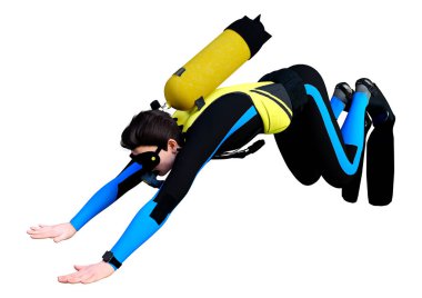 Beyaz arka planda izole edilmiş genç bir erkek dalgıcın 3D görüntüsü