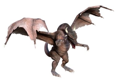 Beyaz arka planda izole edilmiş bir fantezi ejderhanın 3 boyutlu canlandırması