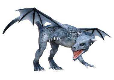 Beyaz arka planda izole edilmiş bir fantezi ejderhanın 3 boyutlu canlandırması