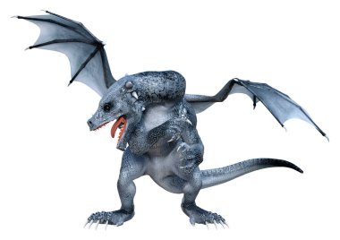 Beyaz arka planda izole edilmiş bir fantezi ejderhanın 3 boyutlu canlandırması