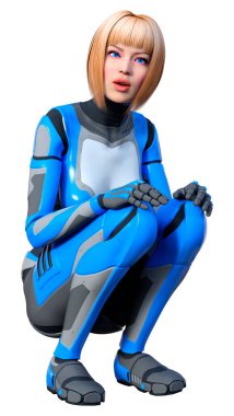 Beyaz arka planda izole edilmiş bir kadın robotun 3 boyutlu canlandırması